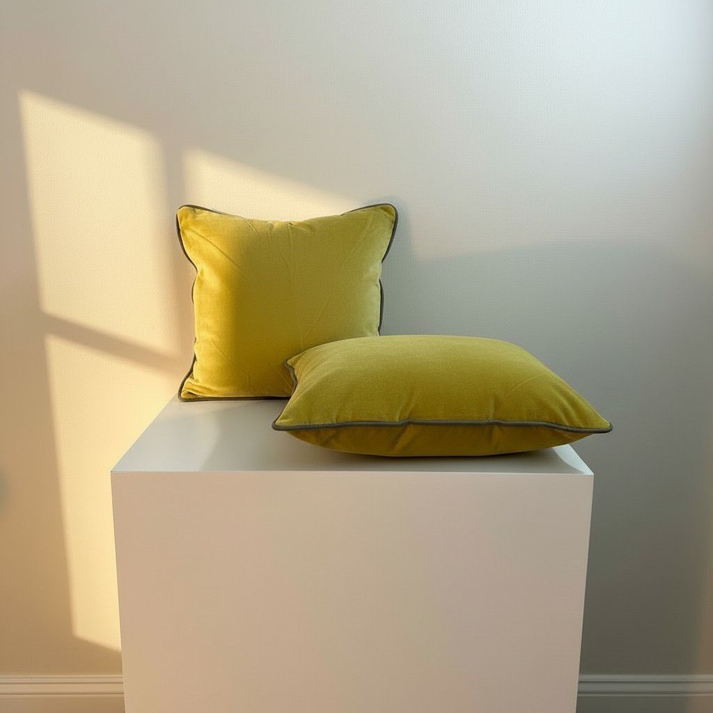Set of 2 Mustard Velvet Cushion Covers with Piping – Luxury Decorative Pillow Covers – Elegant Sofa Cushions