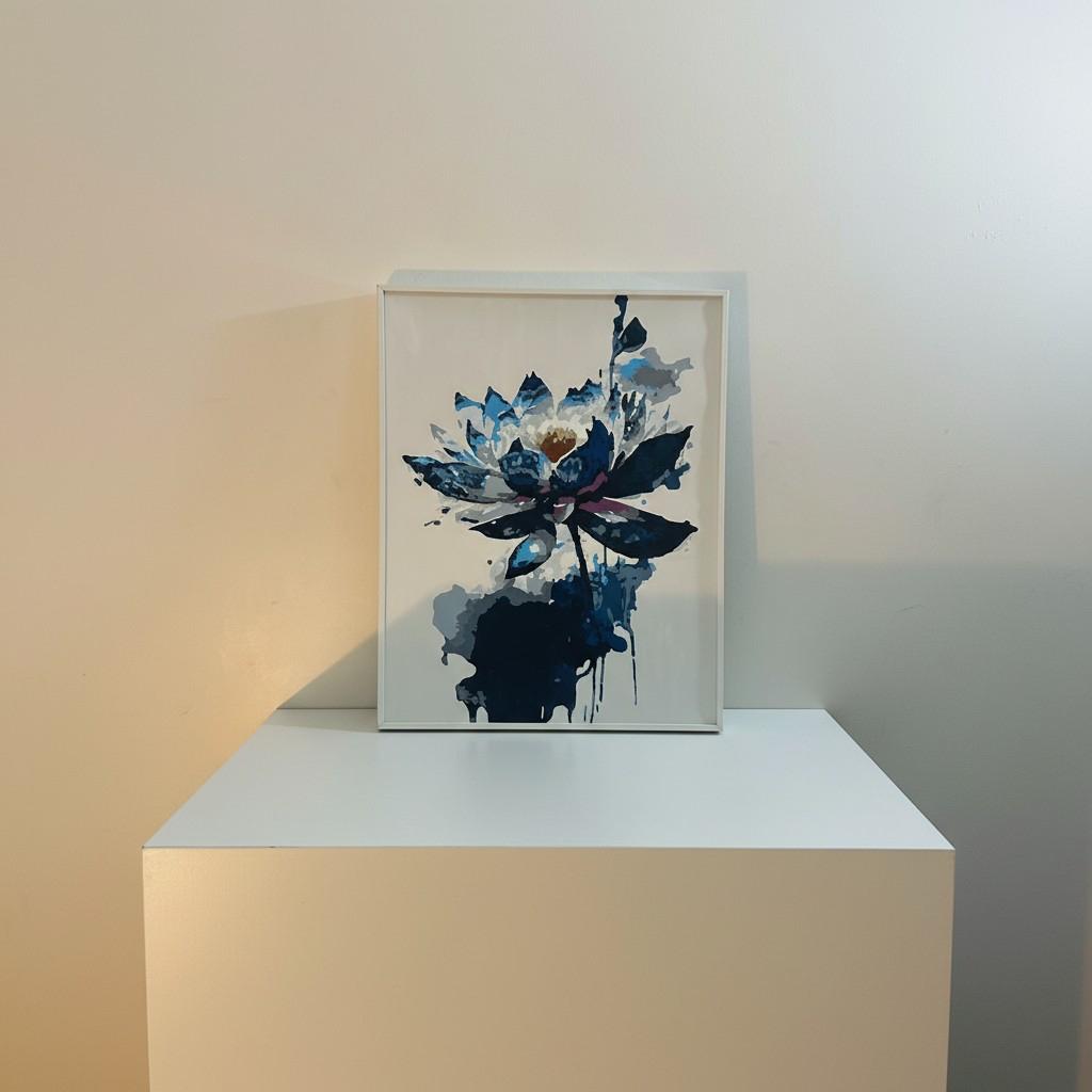 Midnight Lotus Framed Wall Art – Modern Abstract Floral Painting | Minimal Luxury Decor | Blue Neutral Aesthetic | 40x50 cm