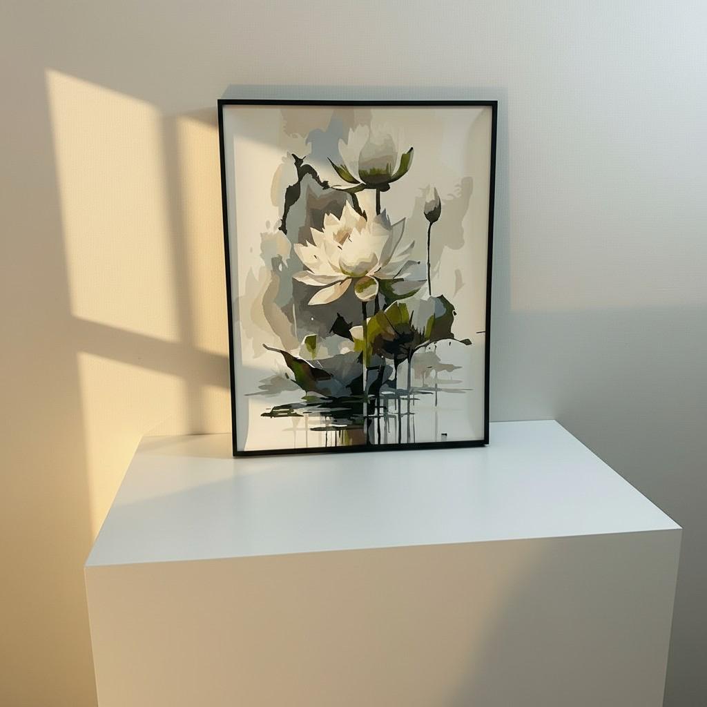 Lotus Serenity Framed Wall Art – Minimal Luxury Floral Painting | Calm Neutral Home Decor