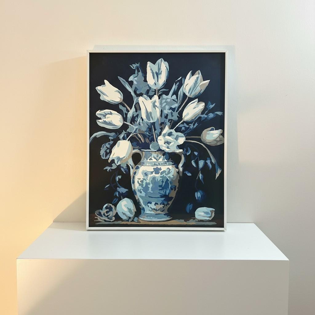Classic Blue & White Vase Framed Wall Art – Minimal Floral Painting | Timeless Luxury Decor | Elegant Neutral Interior | 40x50 cm