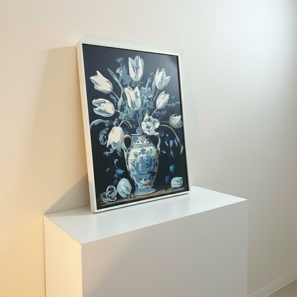 Classic Blue & White Vase Framed Wall Art – Minimal Floral Painting | Timeless Luxury Decor | Elegant Neutral Interior | 40x50 cm