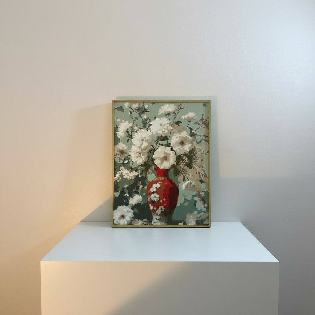 Vintage Red Vase Floral Framed Wall Art – Classic Elegant Painting | Timeless Luxury Decor | Botanical Interior Aesthetic | 40x50 cm