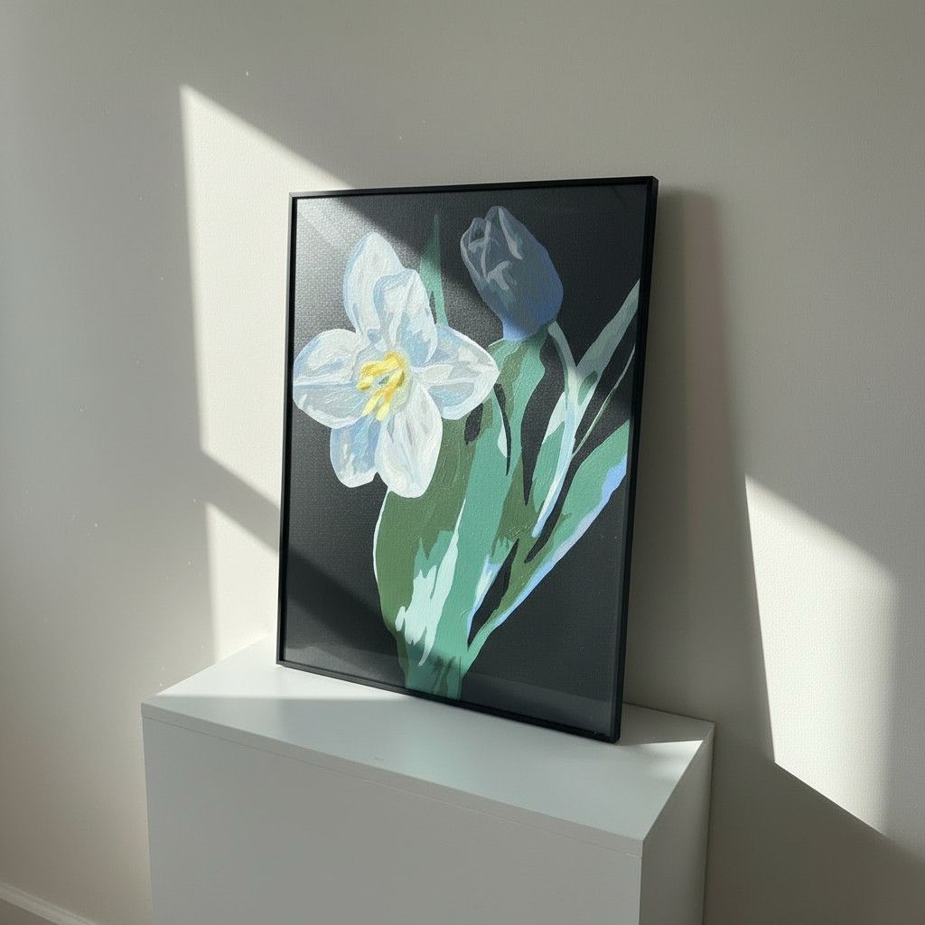 Midnight Lily Framed Wall Art – Modern Floral Painting | Black Background Luxury Decor | Elegant Minimal Interior | 50x65 cm