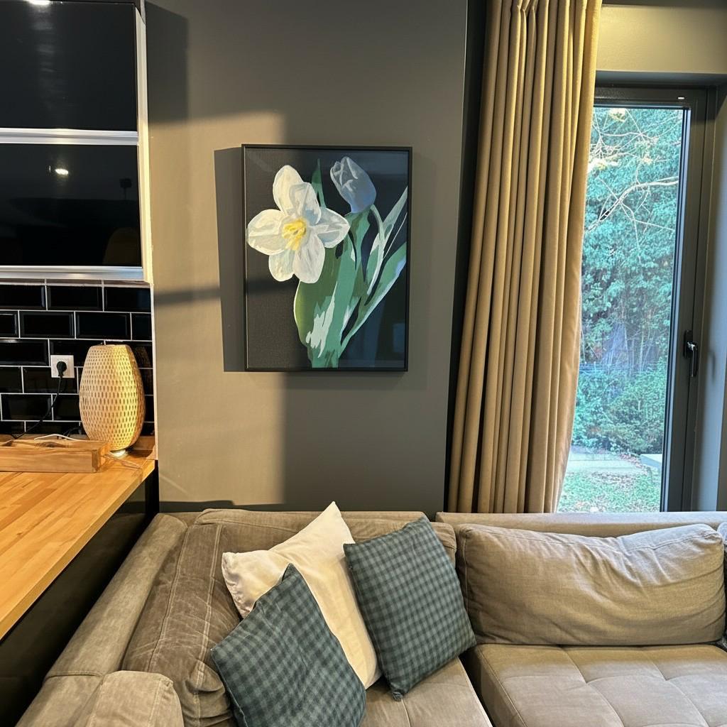 Midnight Lily Framed Wall Art – Modern Floral Painting | Black Background Luxury Decor | Elegant Minimal Interior | 50x65 cm
