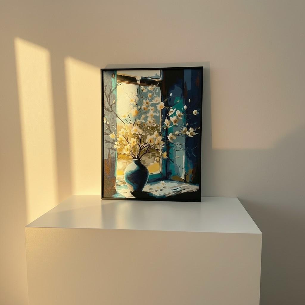Golden Window Vase Framed Wall Art – Artistic Interior Scene Painting | Warm Light Decor | Luxury Modern Home Aesthetic | 40x50 cm