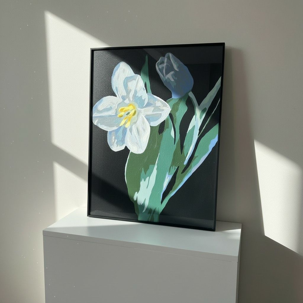 Midnight Lily Framed Wall Art – Modern Floral Painting | Black Background Luxury Decor | Elegant Minimal Interior | 50x65 cm