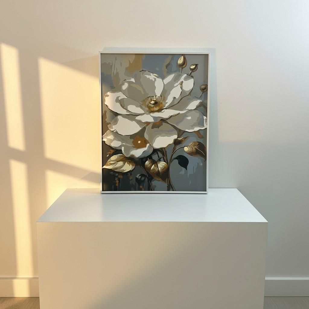 Golden Bloom Framed Wall Art – Elegant White & Gold Floral Painting | Luxury Interior Decor | Soft Light Aesthetic | 40x50 cm