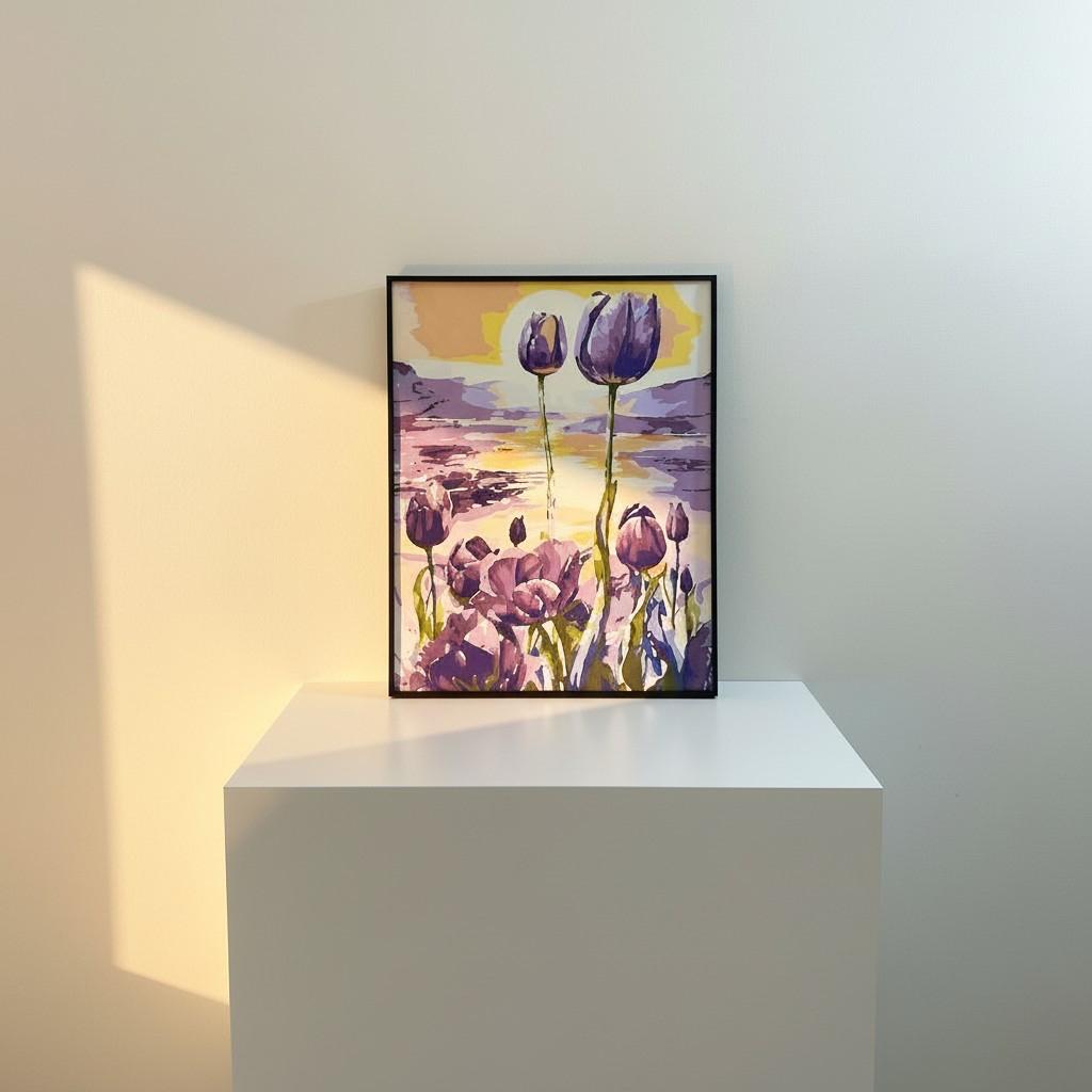 Sunset Tulip Framed Wall Art – Purple Floral Landscape | Golden Light Aesthetic | Calm Luxury Decor | 40x50 cm