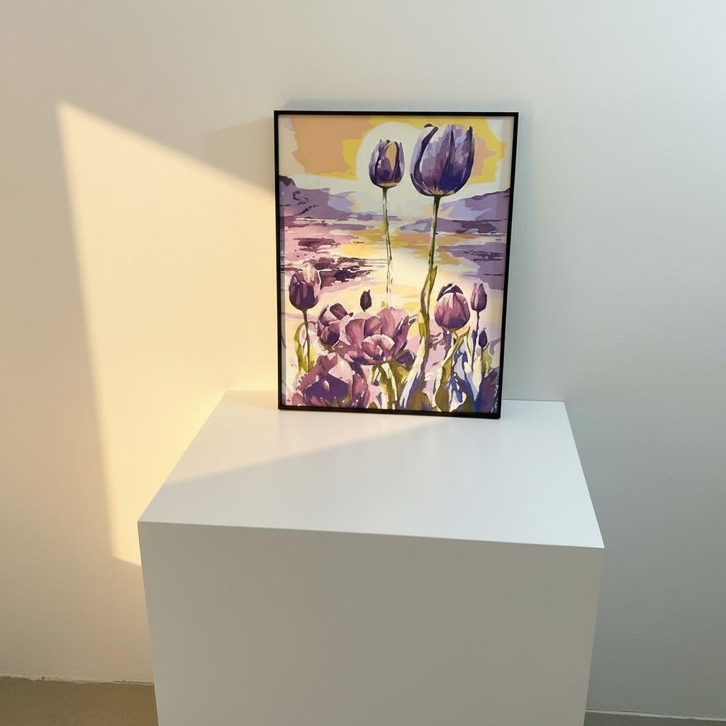 Sunset Tulip Framed Wall Art – Purple Floral Landscape | Golden Light Aesthetic | Calm Luxury Decor | 40x50 cm