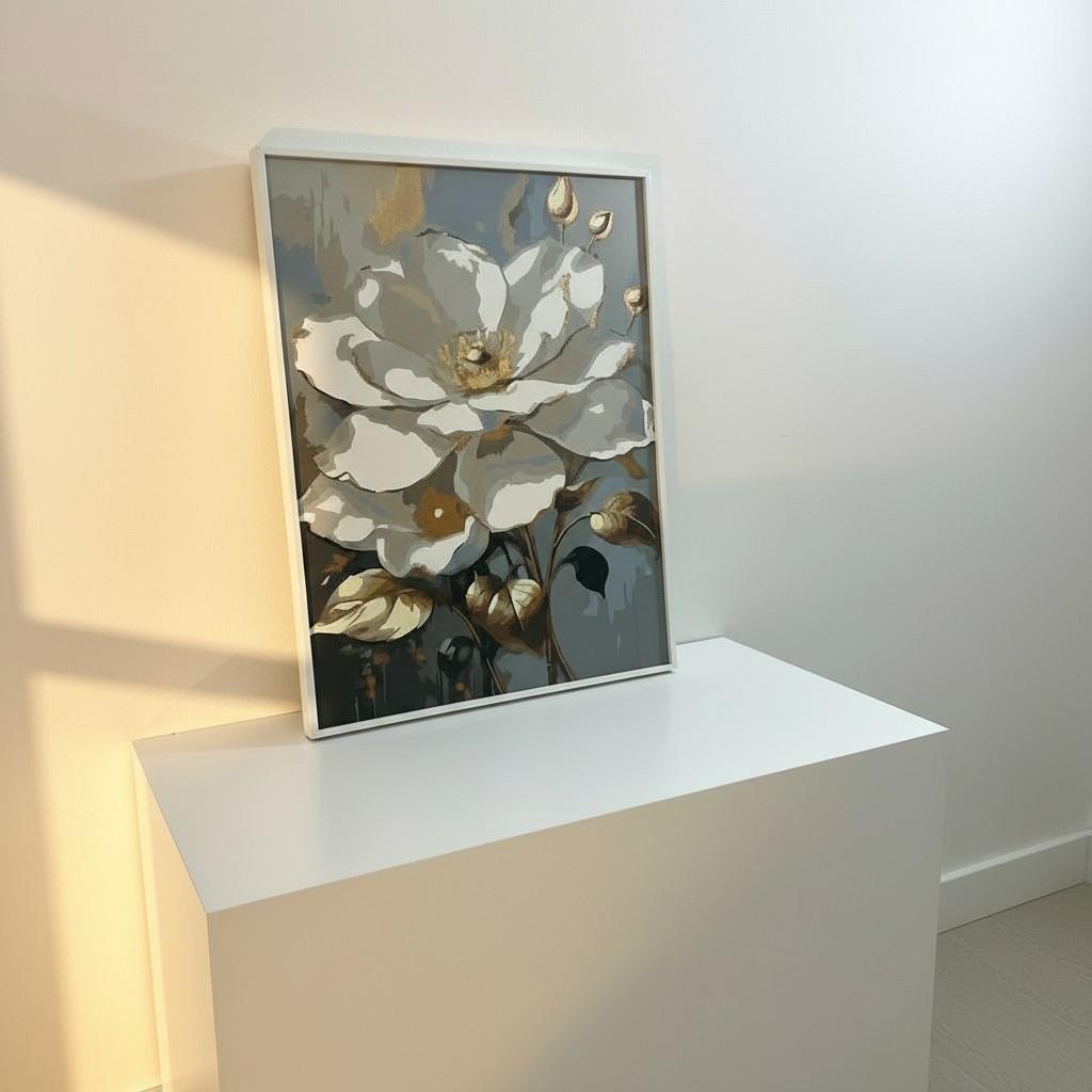 Golden Bloom Framed Wall Art – Elegant White & Gold Floral Painting | Luxury Interior Decor | Soft Light Aesthetic | 40x50 cm