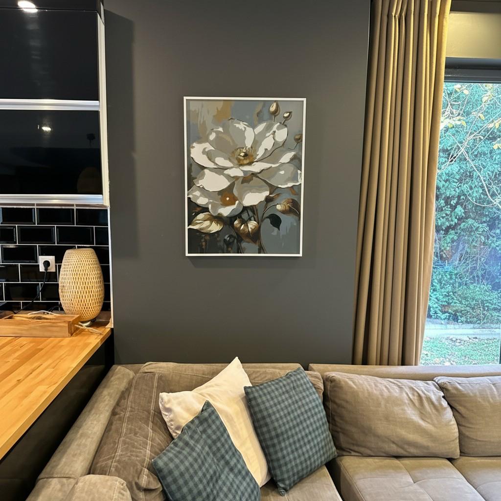 Golden Bloom Framed Wall Art – Elegant White & Gold Floral Painting | Luxury Interior Decor | Soft Light Aesthetic | 40x50 cm