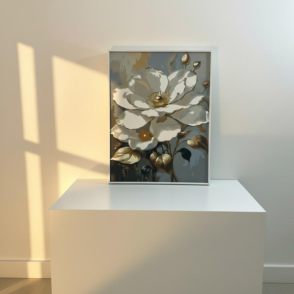 Golden Bloom Framed Wall Art – Elegant White & Gold Floral Painting | Luxury Interior Decor | Soft Light Aesthetic | 40x50 cm