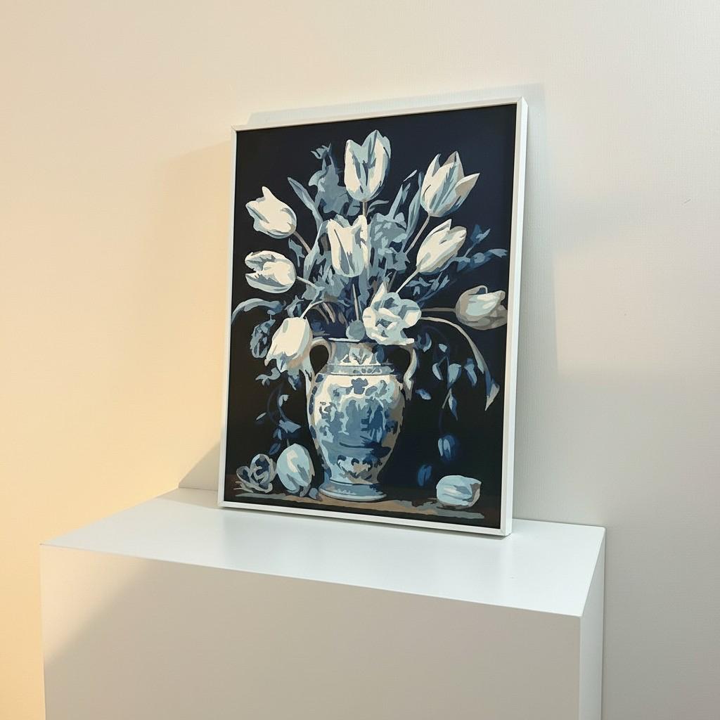 Classic Blue & White Vase Framed Wall Art – Minimal Floral Painting | Timeless Luxury Decor | Elegant Neutral Interior | 40x50 cm