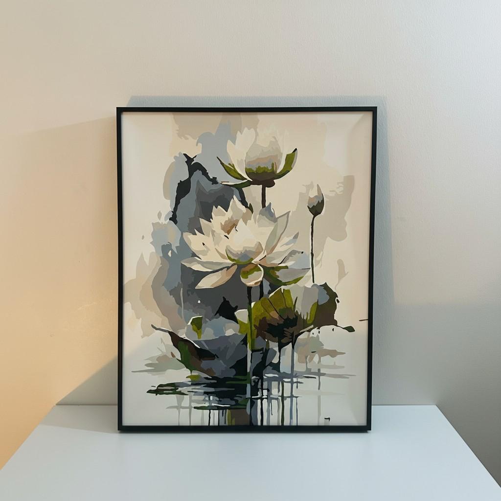 Lotus Serenity Framed Wall Art – Minimal Luxury Floral Painting | Calm Neutral Home Decor