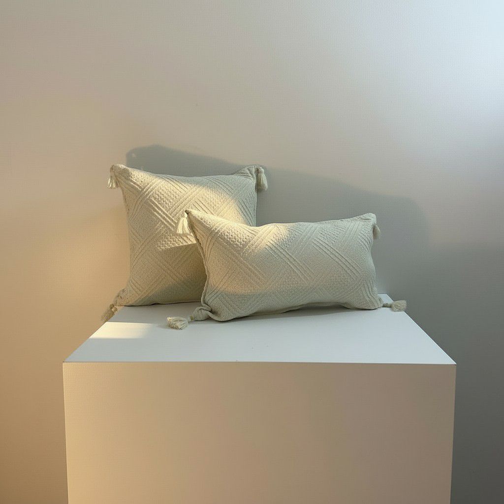 Cream Tassel Cushion Set – Textured Boho Decorative Pillows – 40×40 & 30×50 Neutral Luxury Sofa Cushion Covers