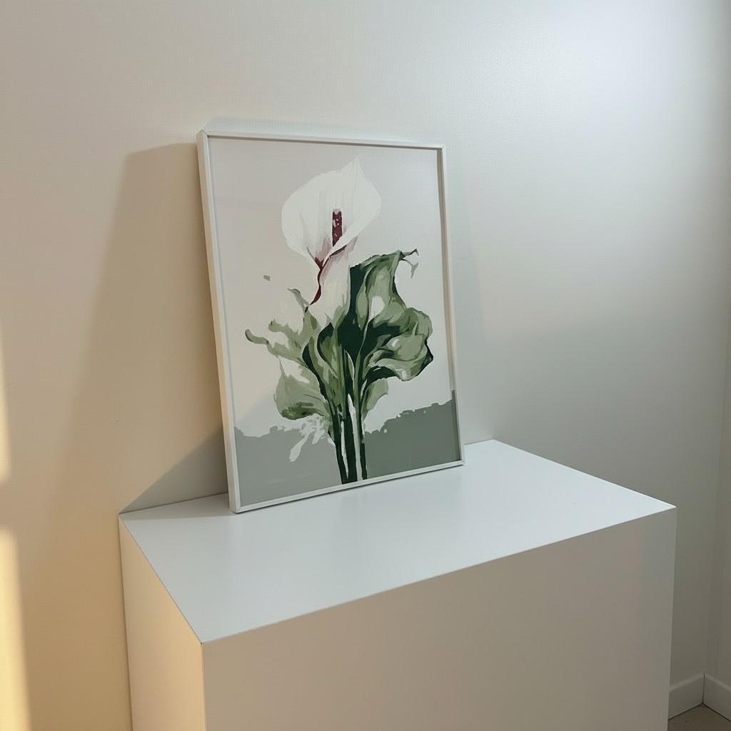 White Calla Lily Framed Wall Art – Minimal Botanical Painting | Elegant Neutral Decor | Calm Luxury Interior | 40x50 cm