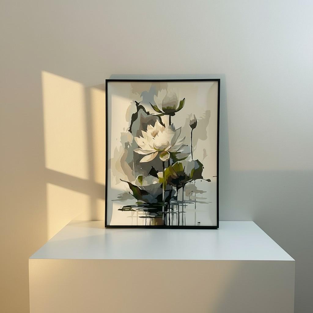Lotus Serenity Framed Wall Art – Minimal Luxury Floral Painting | Calm Neutral Home Decor