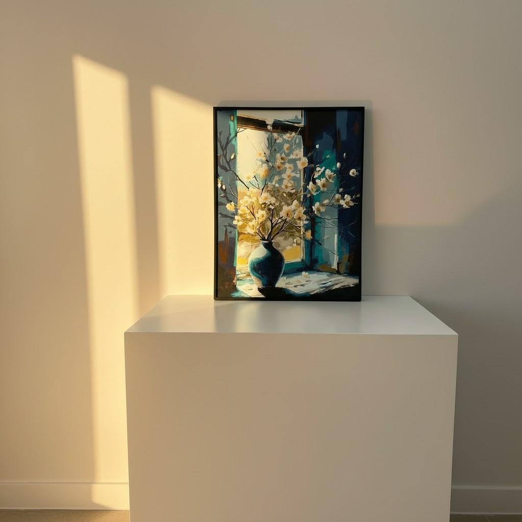 Golden Window Vase Framed Wall Art – Artistic Interior Scene Painting | Warm Light Decor | Luxury Modern Home Aesthetic | 40x50 cm