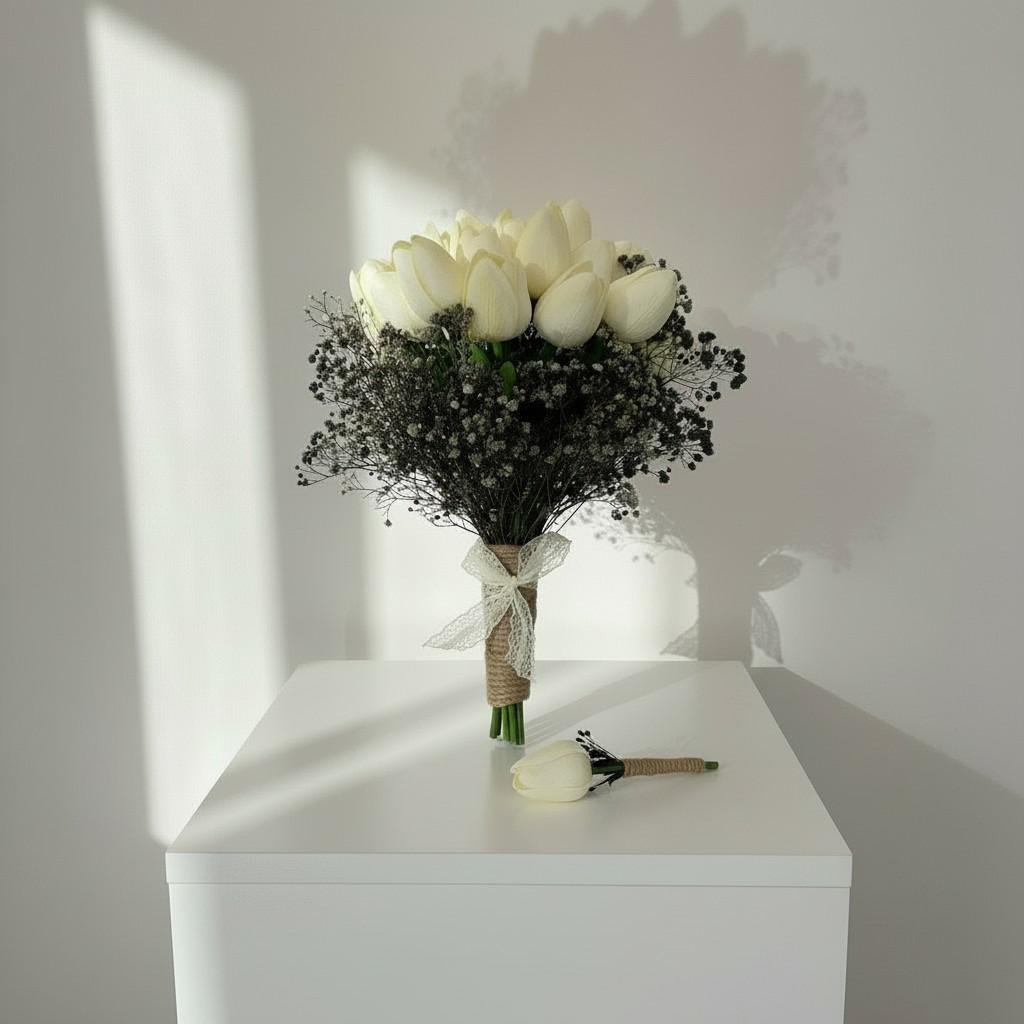 Rustic Midnight Tulip Bridal Bouquet — Ivory & Shadow Calm Luxury Wedding Flowers
