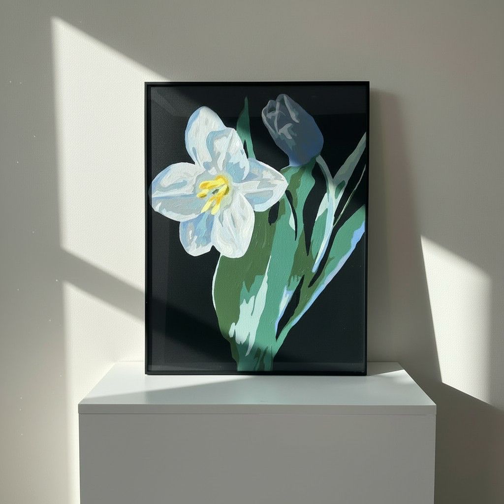 Midnight Lily Framed Wall Art – Modern Floral Painting | Black Background Luxury Decor | Elegant Minimal Interior | 50x65 cm