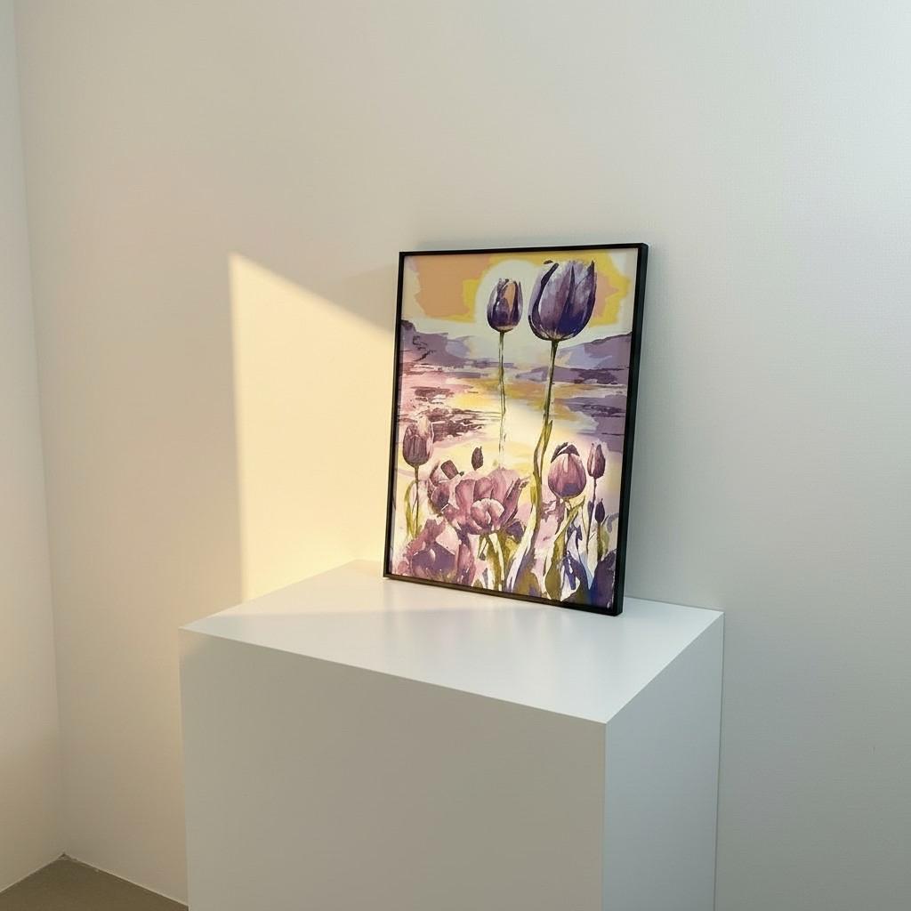 Sunset Tulip Framed Wall Art – Purple Floral Landscape | Golden Light Aesthetic | Calm Luxury Decor | 40x50 cm