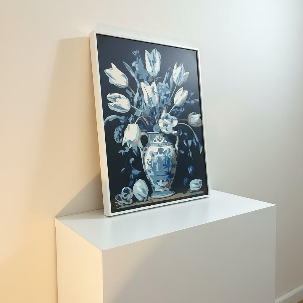 Classic Blue & White Vase Framed Wall Art – Minimal Floral Painting | Timeless Luxury Decor | Elegant Neutral Interior | 40x50 cm