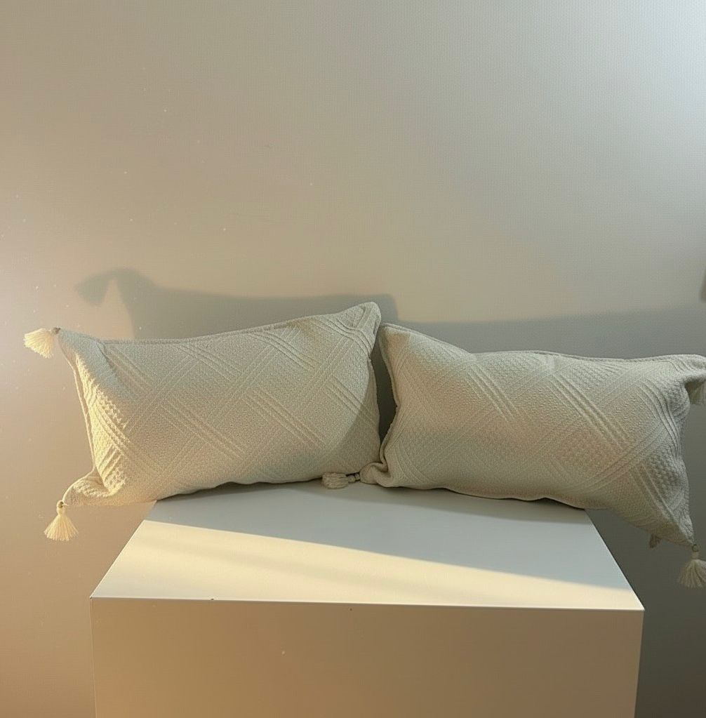 Set of 2 Cream Tassel Lumbar Cushion Covers – 30×50 Textured Boho Decorative Pillow Covers – Neutral Sofa Pillows
