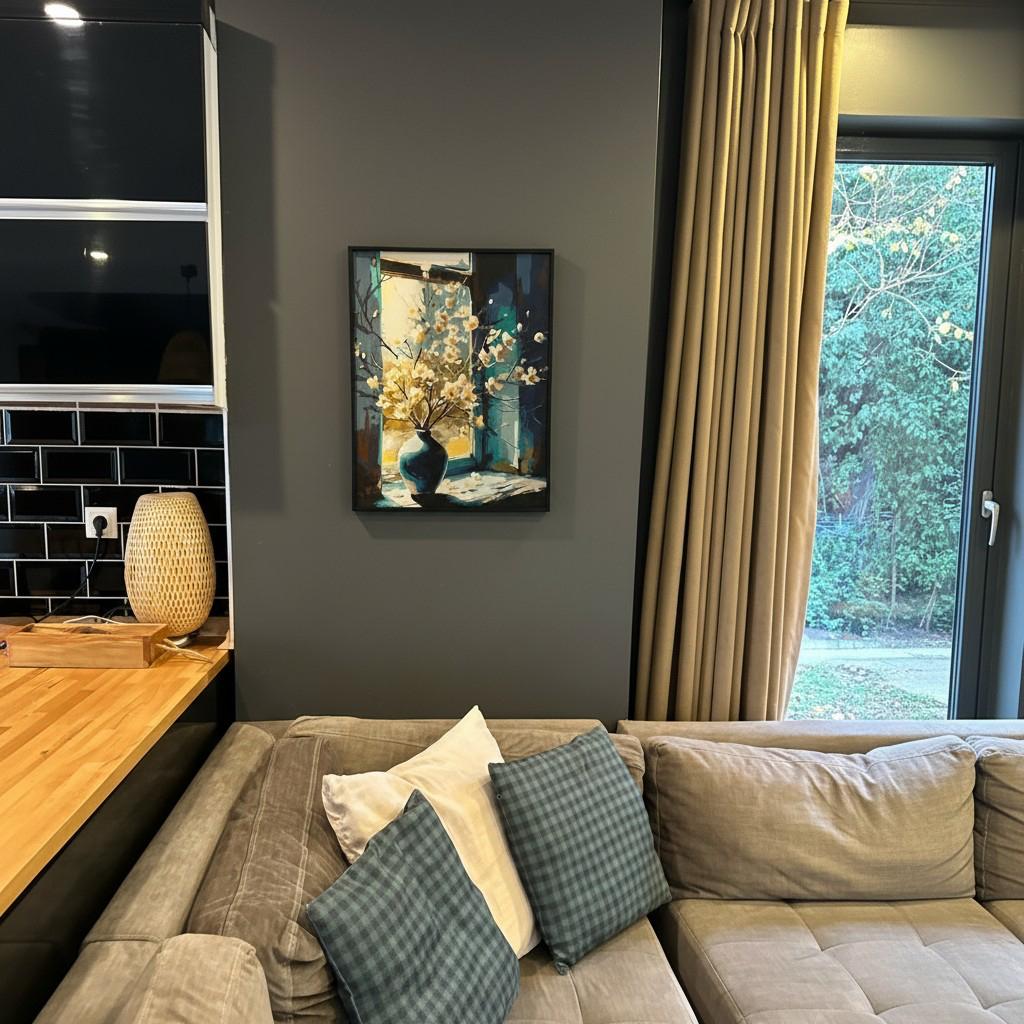 Golden Window Vase Framed Wall Art – Artistic Interior Scene Painting | Warm Light Decor | Luxury Modern Home Aesthetic | 40x50 cm