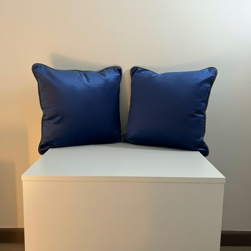 Set of 2 Navy Velvet Cushion Covers with Piping – Luxury Decorative Pillow Covers – Elegant Sofa Cushions