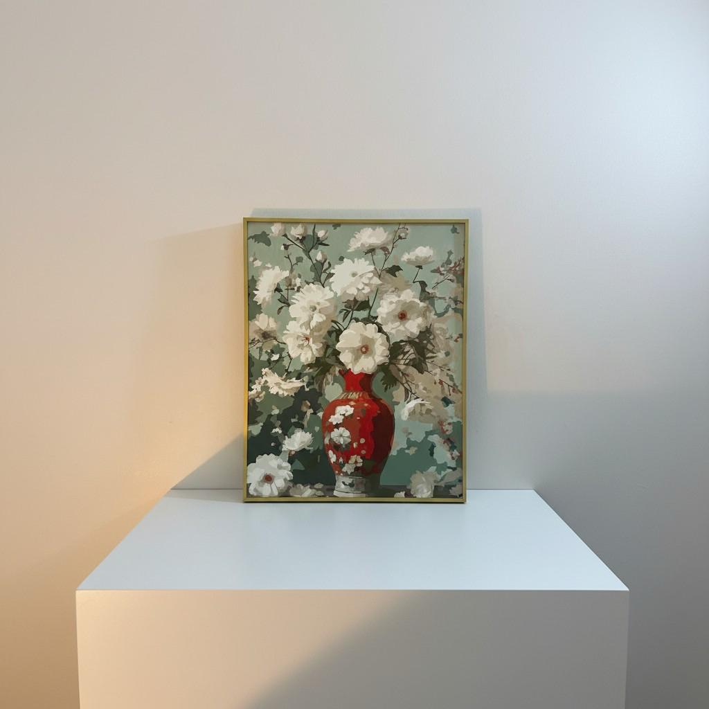 Vintage Red Vase Floral Framed Wall Art – Classic Elegant Painting | Timeless Luxury Decor | Botanical Interior Aesthetic | 40x50 cm