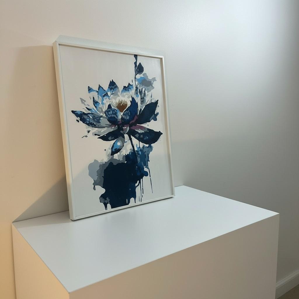 Midnight Lotus Framed Wall Art – Modern Abstract Floral Painting | Minimal Luxury Decor | Blue Neutral Aesthetic | 40x50 cm