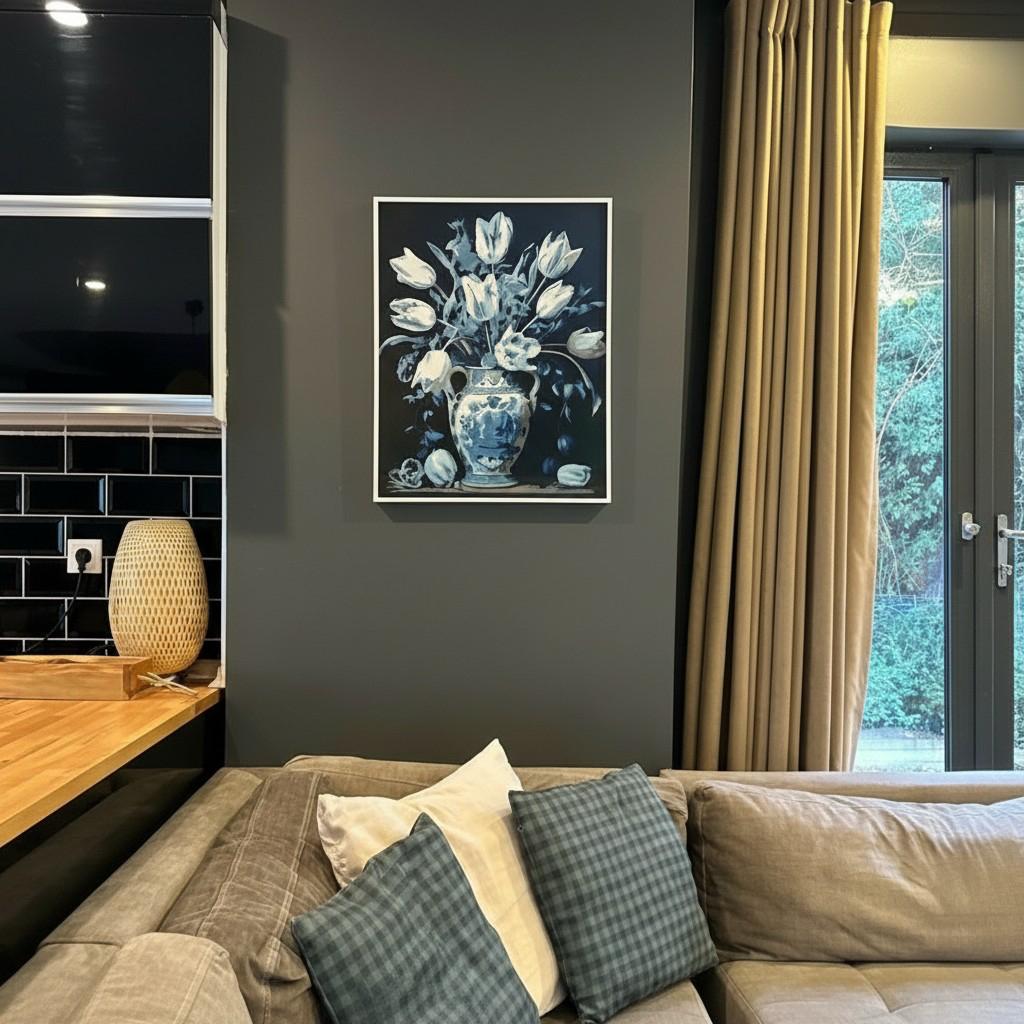 Classic Blue &amp; White Vase Framed Wall Art – Minimal Floral Painting | Timeless Luxury Decor | Elegant Neutral Interior | 40x50 cm