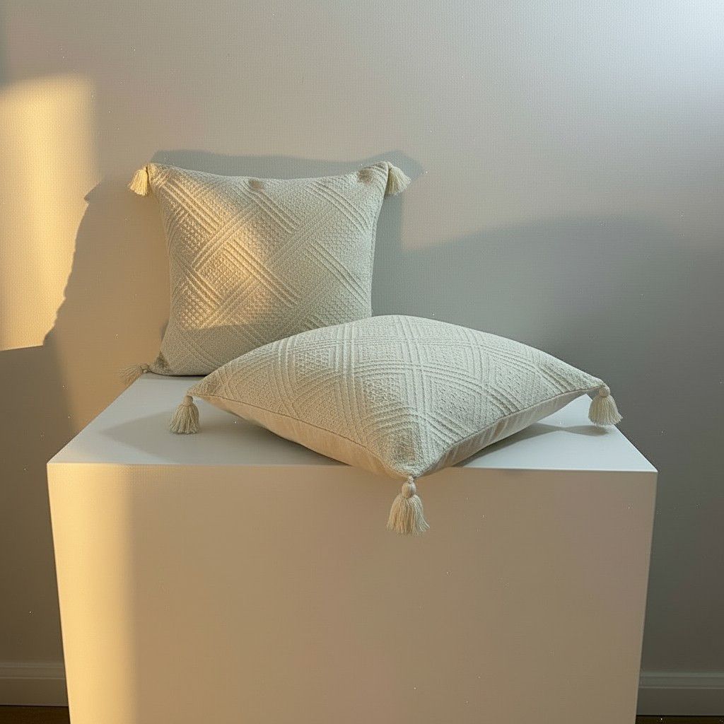 Set of 2 Cream Tassel Cushion Covers – Textured Boho Decorative Pillow Covers – Luxury Neutral Sofa Cushions