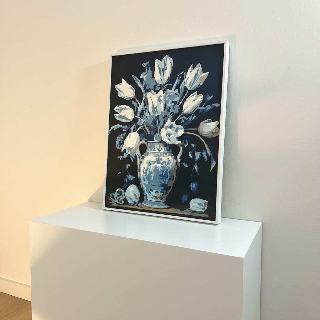 Classic Blue &amp; White Vase Framed Wall Art – Minimal Floral Painting | Timeless Luxury Decor | Elegant Neutral Interior | 40x50 cm