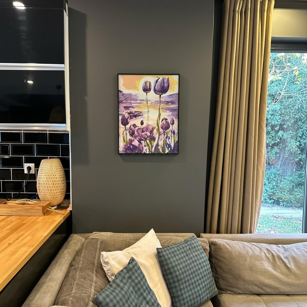 Sunset Tulip Framed Wall Art – Purple Floral Landscape | Golden Light Aesthetic | Calm Luxury Decor | 40x50 cm