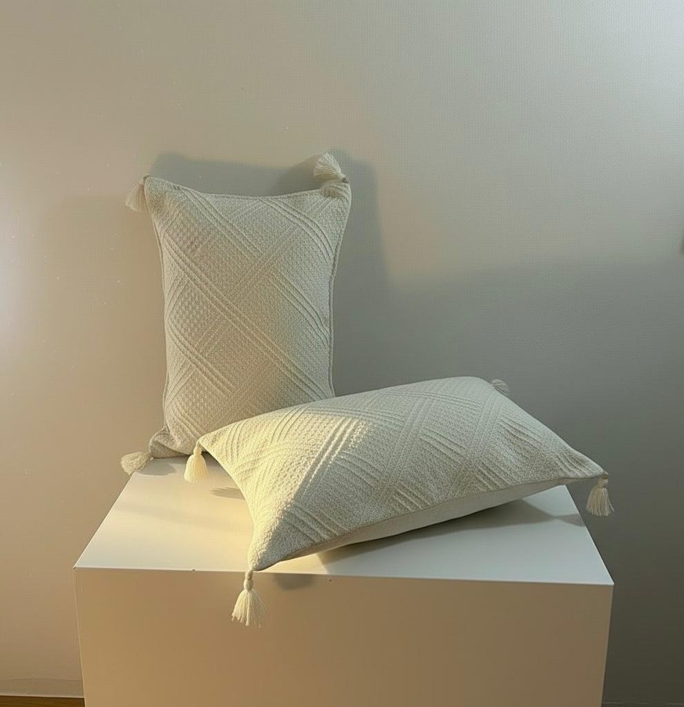 Set of 2 Cream Tassel Lumbar Cushion Covers – 30×50 Textured Boho Decorative Pillow Covers – Neutral Sofa Pillows