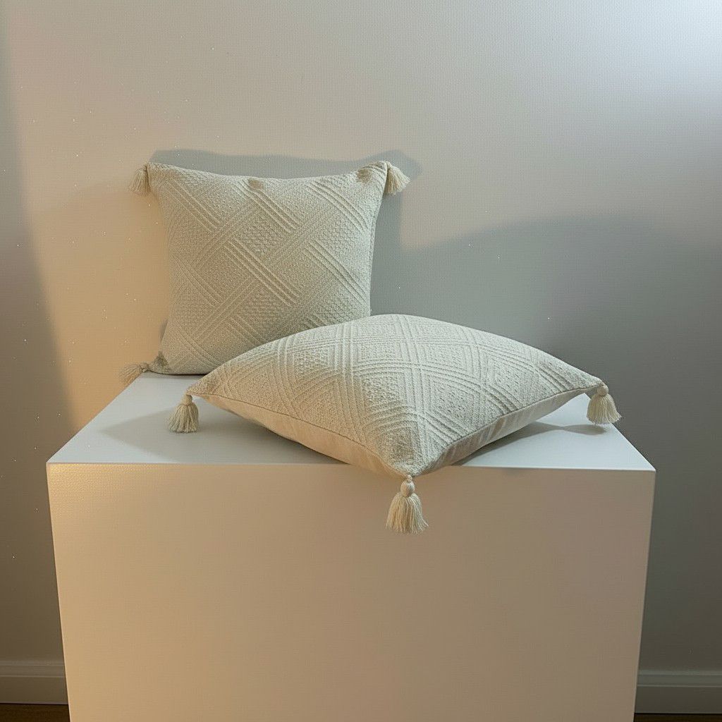 Set of 2 Cream Tassel Cushion Covers – Textured Boho Decorative Pillow Covers – Luxury Neutral Sofa Cushions