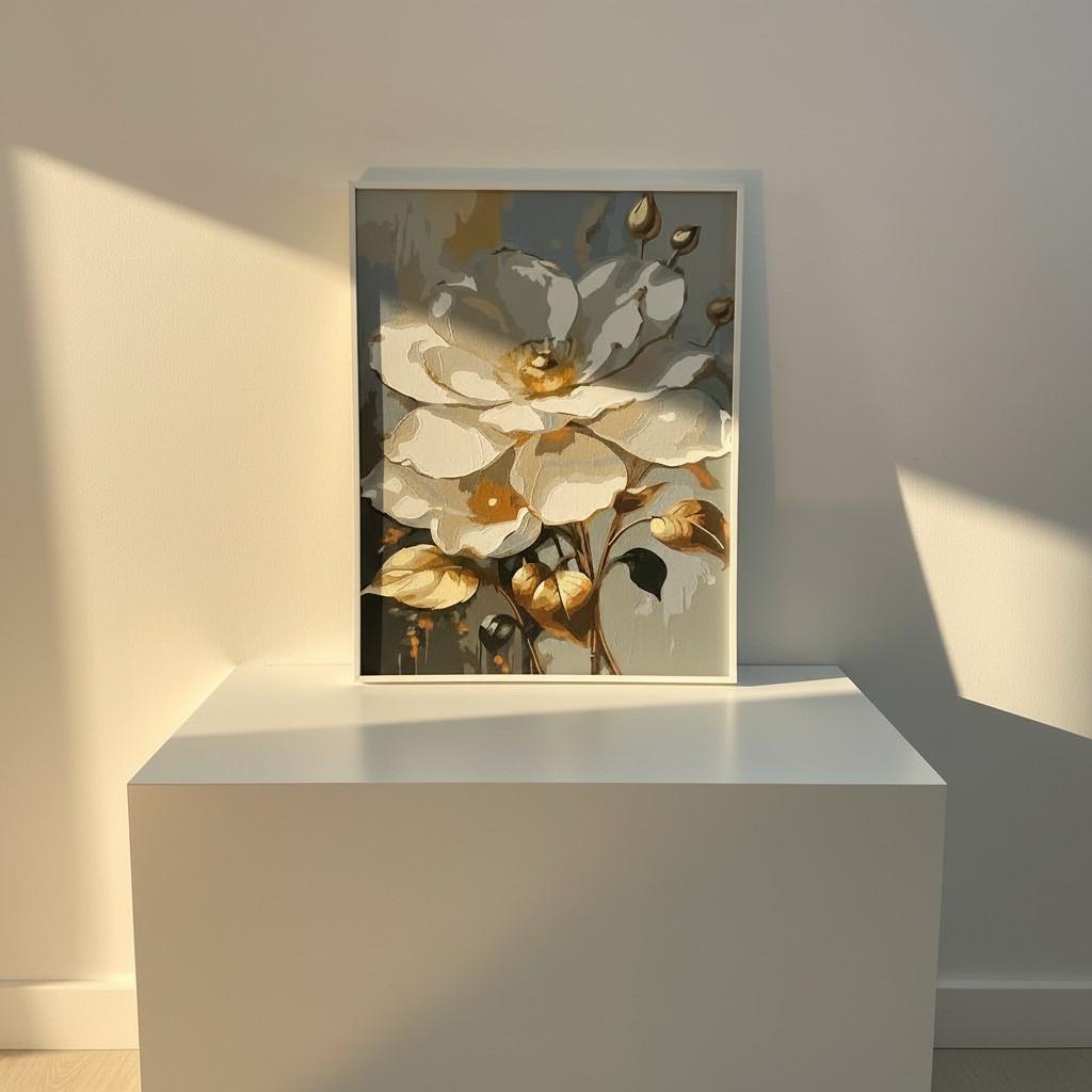 Golden Bloom Framed Wall Art – Elegant White &amp; Gold Floral Painting | Luxury Interior Decor | Soft Light Aesthetic | 40x50 cm