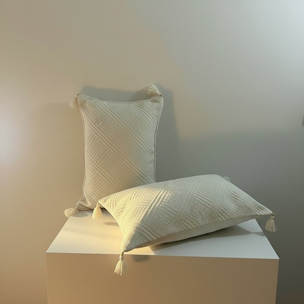 Set of 2 Cream Tassel Lumbar Cushion Covers – 30×50 Textured Boho Decorative Pillow Covers – Neutral Sofa Pillows