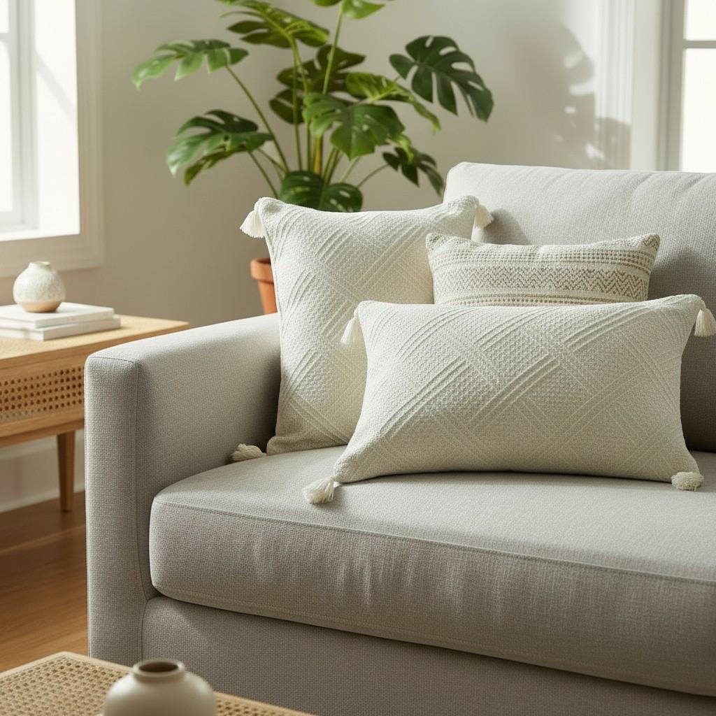 Set of 2 Cream Tassel Lumbar Cushion Covers – 30×50 Textured Boho Decorative Pillow Covers – Neutral Sofa Pillows