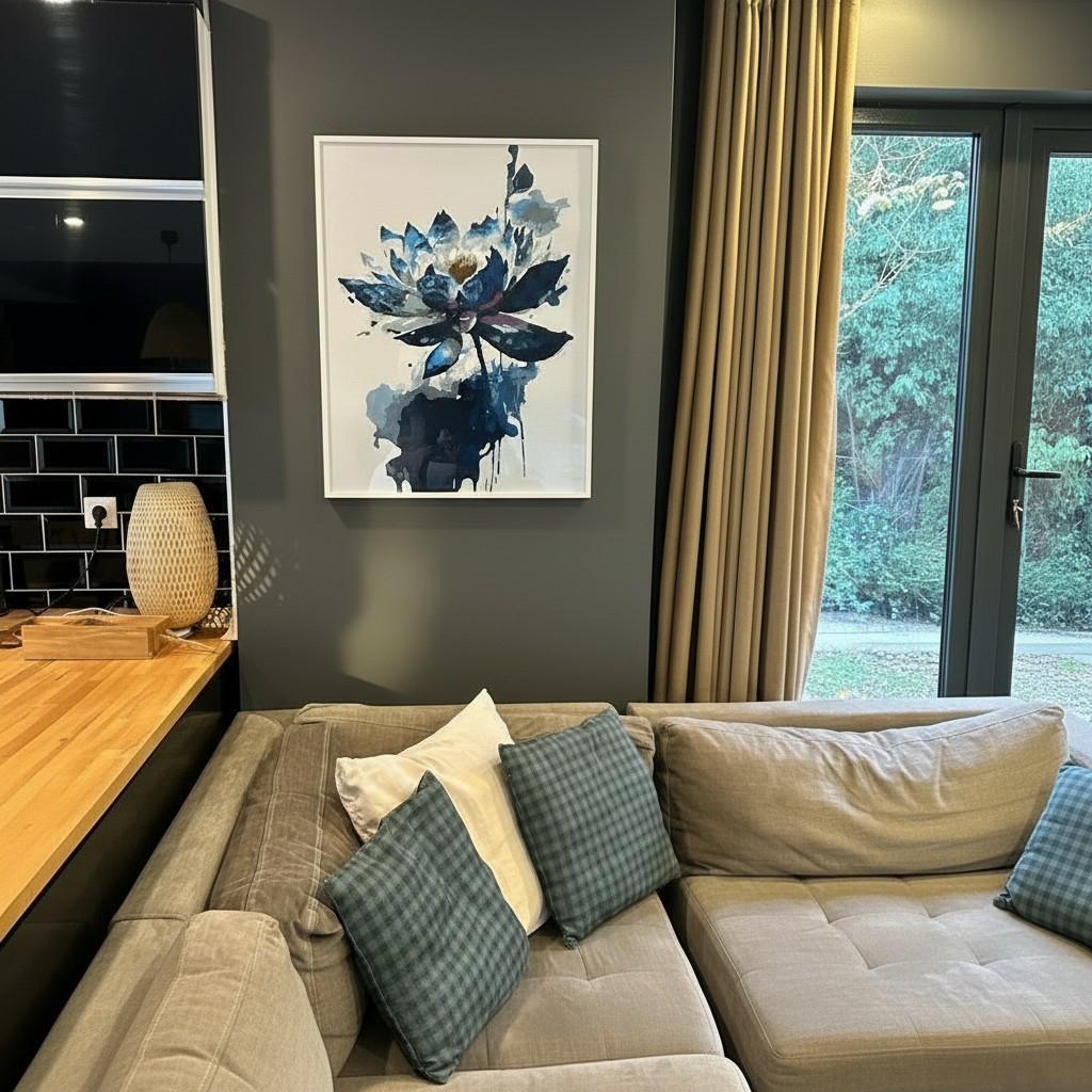 Midnight Lotus Framed Wall Art – Modern Abstract Floral Painting | Minimal Luxury Decor | Blue Neutral Aesthetic | 40x50 cm