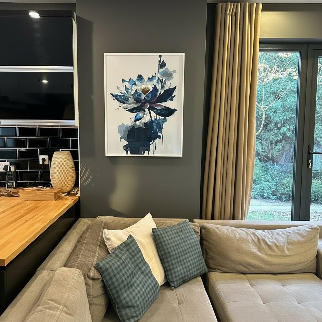 Midnight Lotus Framed Wall Art – Modern Abstract Floral Painting | Minimal Luxury Decor | Blue Neutral Aesthetic | 40x50 cm