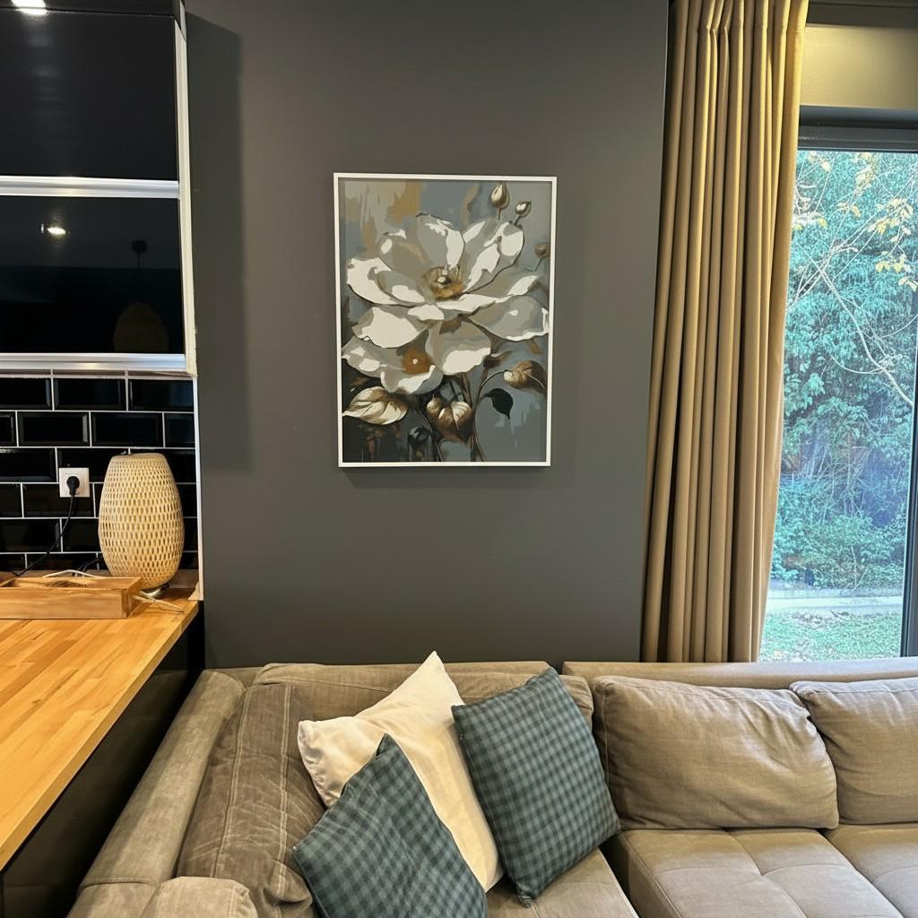 Golden Bloom Framed Wall Art – Elegant White &amp; Gold Floral Painting | Luxury Interior Decor | Soft Light Aesthetic | 40x50 cm