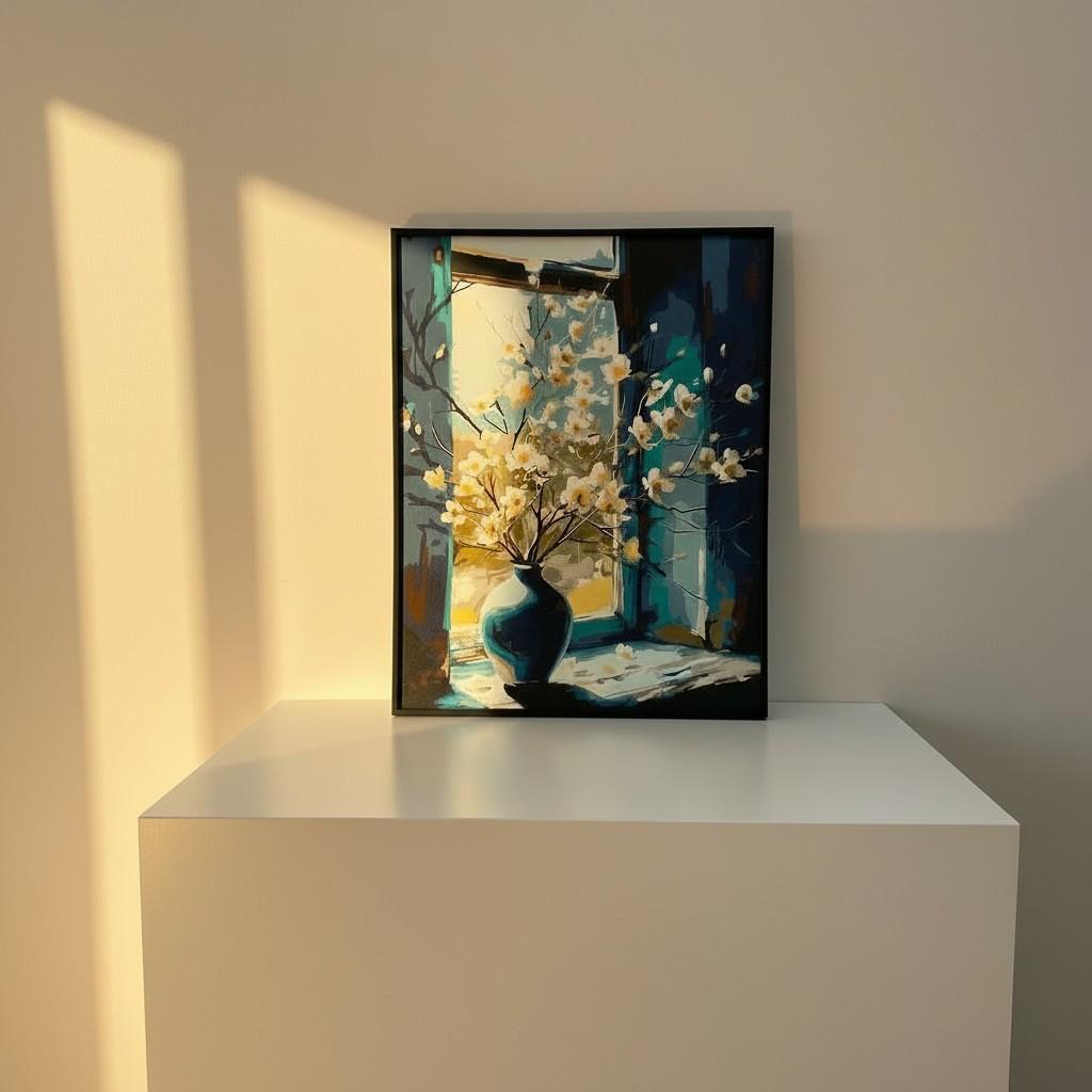 Golden Window Vase Framed Wall Art – Artistic Interior Scene Painting | Warm Light Decor | Luxury Modern Home Aesthetic | 40x50 cm