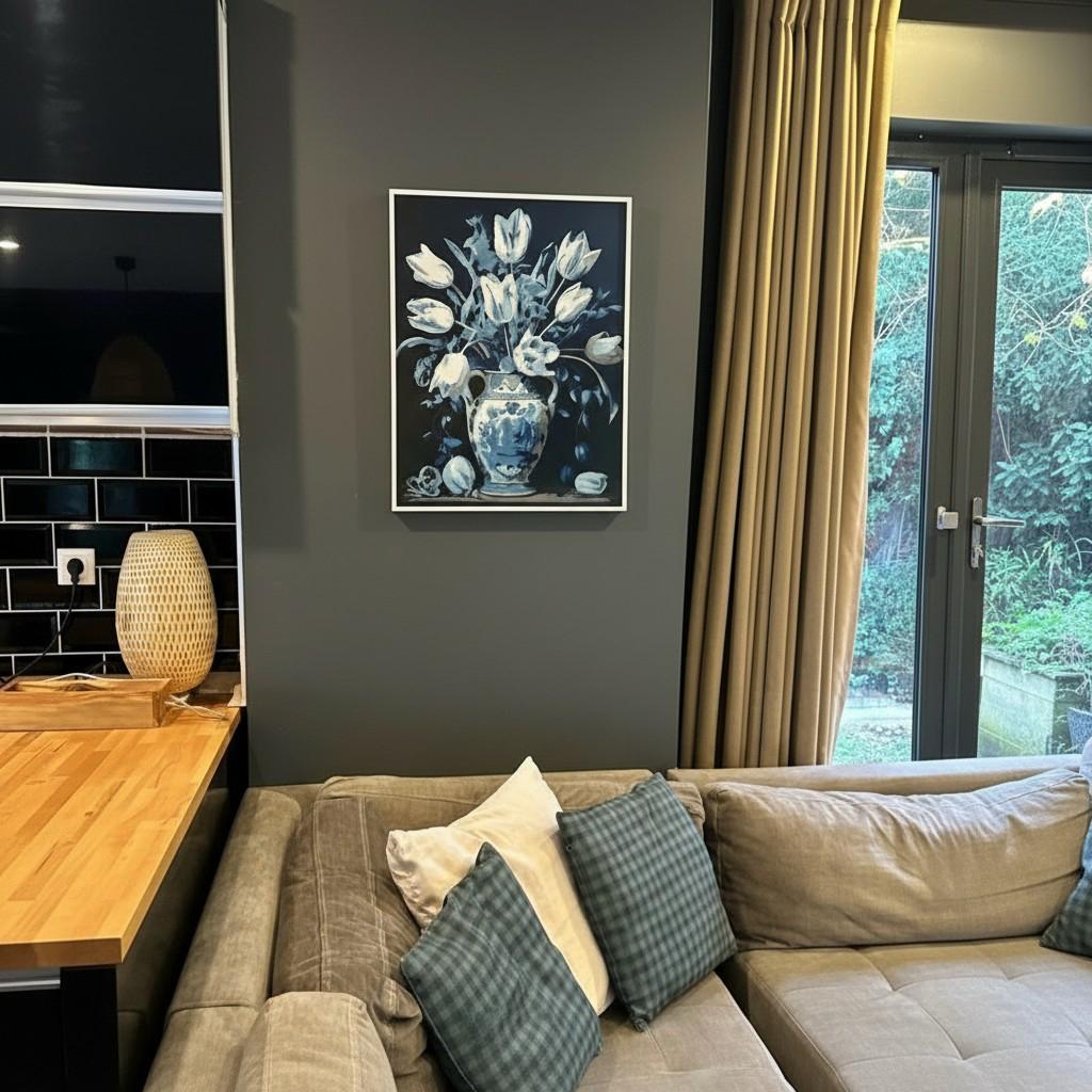 Classic Blue &amp; White Vase Framed Wall Art – Minimal Floral Painting | Timeless Luxury Decor | Elegant Neutral Interior | 40x50 cm
