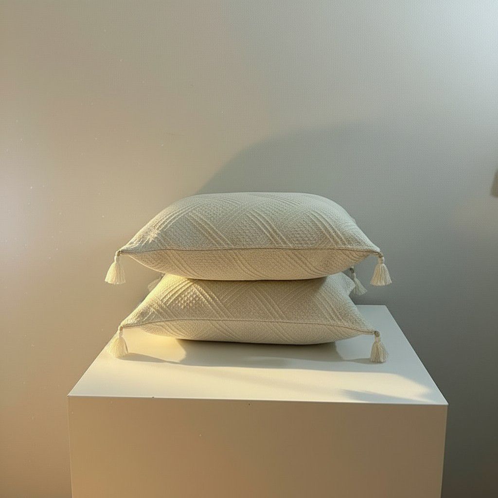 Set of 2 Cream Tassel Lumbar Cushion Covers – 30×50 Textured Boho Decorative Pillow Covers – Neutral Sofa Pillows