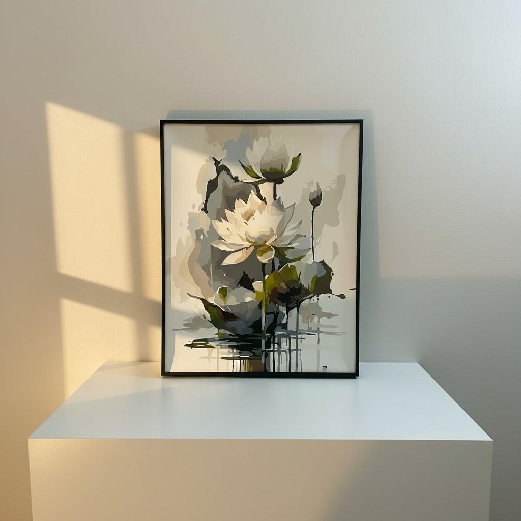Lotus Serenity Framed Wall Art – Minimal Luxury Floral Painting | Calm Neutral Home Decor