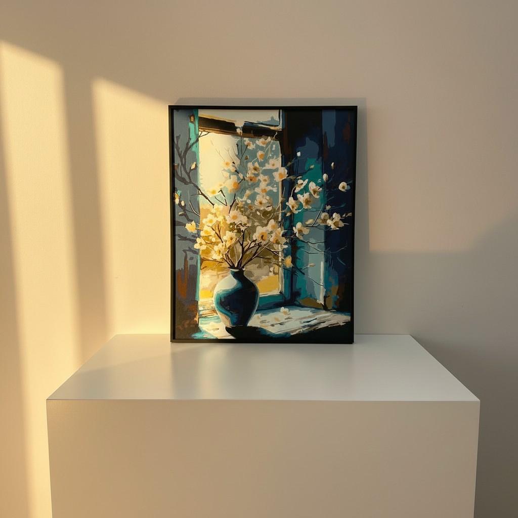 Golden Window Vase Framed Wall Art – Artistic Interior Scene Painting | Warm Light Decor | Luxury Modern Home Aesthetic | 40x50 cm
