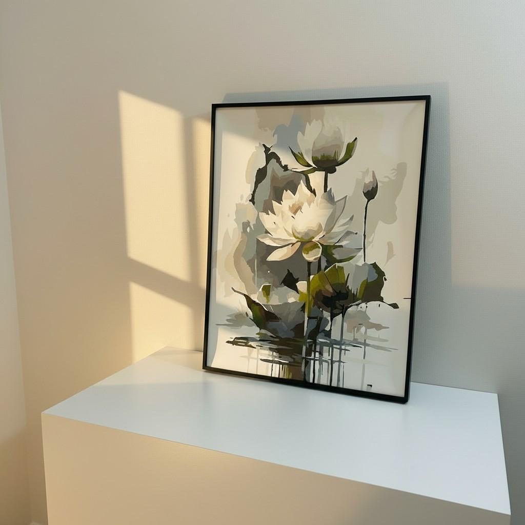Lotus Serenity Framed Wall Art – Minimal Luxury Floral Painting | Calm Neutral Home Decor