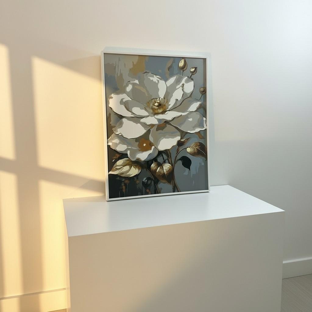 Golden Bloom Framed Wall Art – Elegant White &amp; Gold Floral Painting | Luxury Interior Decor | Soft Light Aesthetic | 40x50 cm